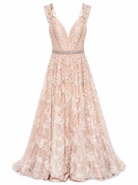 Sherri Hill 51451 Blush Lace A-Line Gown with Beaded Waistband